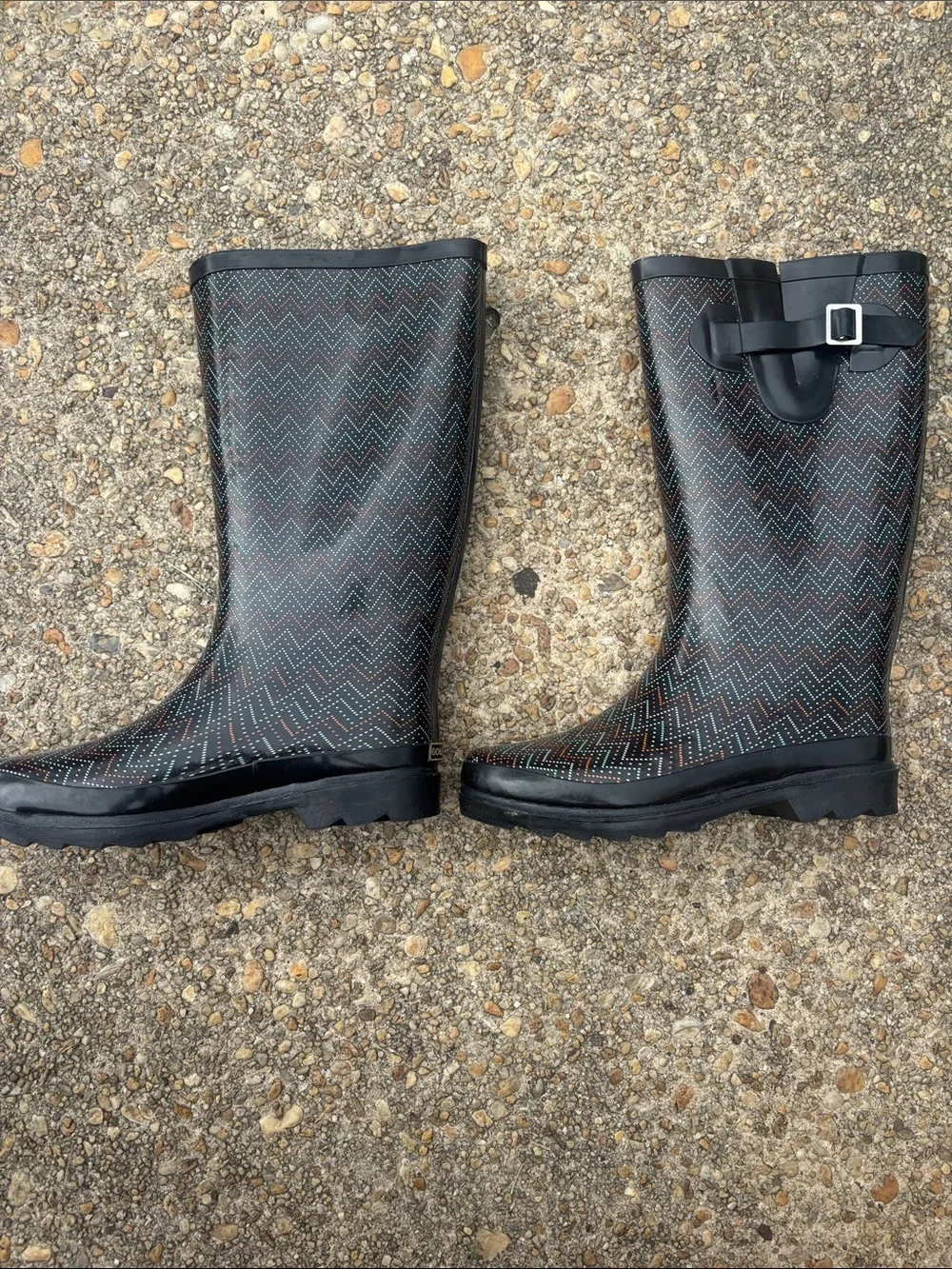Gold Toe Black Rain Boots with Multicolor Chevron Dots